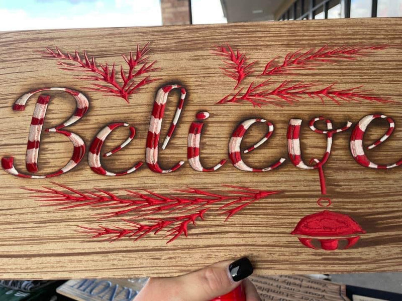 Believe Plaque - Candy Cane pattern